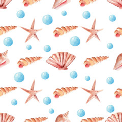 Marine pearls, seashell and starfish seamless watercolor raster pattern