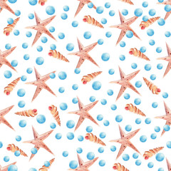 Tropical pearls and starfish seamless watercolor raster pattern