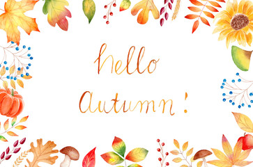 Fototapeta na wymiar Hello autumn watercolor raster banner template with lettering
