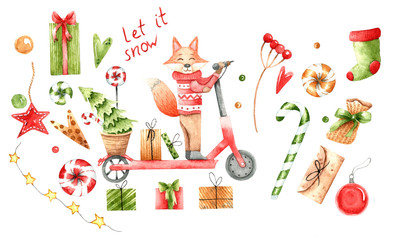 Christmas set of illustrations and a fox in a sweater on a scooter with a Christmas tree