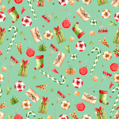 Christmas watercolor pattern on a green background with gifts and sweets