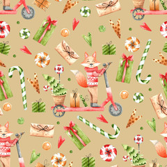 Christmas watercolor pattern with cute animals, gifts and sweets.