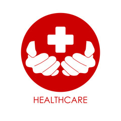 Health care icon logo vector graphic template design. Hands holding medical cross with cross aid logo.