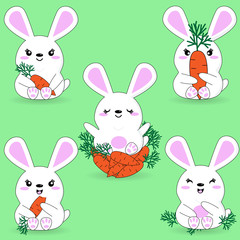 Vector set of kawaii hares on a green background. Cute cartoon animals with carrots. Positive emotions in white rodents. Love for carrots little white kawaii with long ears.