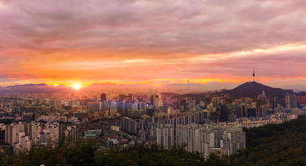 Seoul South Korea City Skyline at Sunrise with seoul tower.