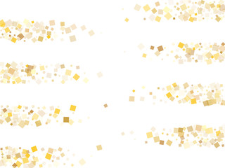 Festive gold confetti sequins tinsels falling on white. Luxurious holiday vector sequins background. Gold foil confetti party explosion pattern. Many pieces party background.