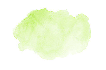 Abstract watercolor background image with a liquid splatter of aquarelle paint, isolated on white. Green tones