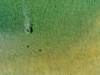 Surfing sport. Man on a white board in the ocean, Sunny day, Aerial top view. Water texture. Outdoor activity concept. Copy space.
