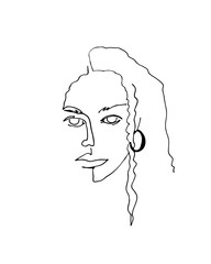 Linear abstract woman face with curly hair. Continuous line art. One line drawing. Minimalist graphic.