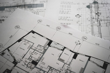 Detail view of architectural and structural construction drawings. Landscape format. - obrazy, fototapety, plakaty
