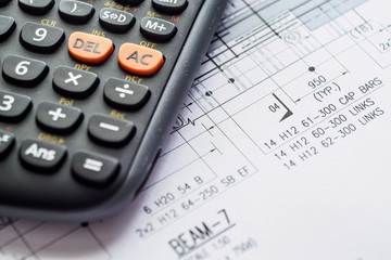 Detail view of architectural and structural construction drawings with designer tools. Landscape format.
