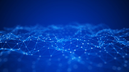Big data visualization. Abstract background with connecting dots and lines. 3D rendering. High resolution.