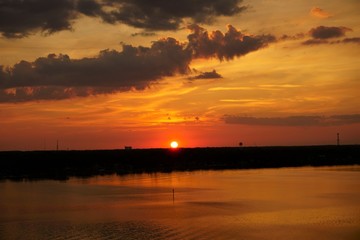 sunset on the lake, sunset, water, sky, sea, lake, landscape, sun, sunrise, reflection, river, night, dusk, bridge, evening, nature, calm, clouds, light, summer, beautiful, view, beauty