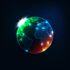 Futuristic glowing low polygonal planet Earth globe map with orange and green spots