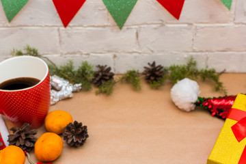 Christmas home decor. flags, tangerines, gifts