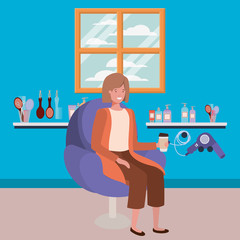 young woman seated in salon chair drinking beverage