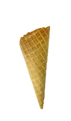 Empty waffle Cup for ice cream isolated on white background. Waffle cone on white background. Empty sugar waffle cones. 