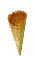 Empty waffle Cup for ice cream isolated on white background. Waffle cone on white background. Empty sugar waffle cones. 