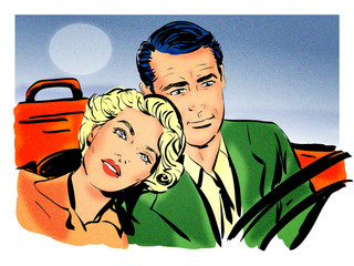pop art couple amoureux une femme et un homme roulant dans une voiture décapotable vintage, dessin couleur - 292243034