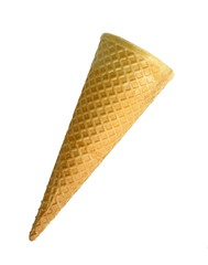 Empty waffle Cup for ice cream isolated on white background. Waffle cone on white background. Empty sugar waffle cones. 