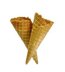 Empty waffle Cup for ice cream isolated on white background. Waffle cone on white background. Empty sugar waffle cones. 