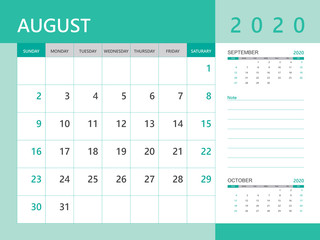 Calendar 2020 template, AUGUST 2020 year, desk calendar 2020 layout, corporate design planner template. Green color