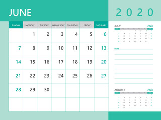 Calendar 2020 template, JUNE 2020 year, desk calendar 2020 layout, corporate design planner template. Green color