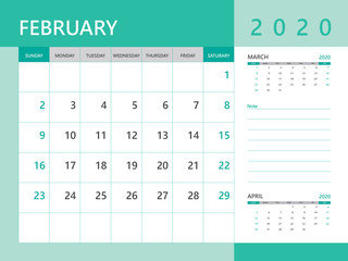 Calendar 2020 template, FEBRUARY 2020 year, corporate design planner template. Green color