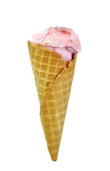 Strawberry ice cream in waffle cone isolated on white background.