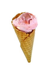 Strawberry ice cream in waffle cone isolated on white background.