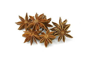 dry star anise fruits isolated on white. Star anise spice fruits and seeds isolated on white background closeup
