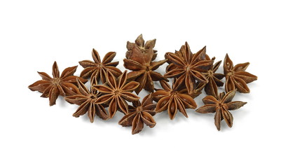 dry star anise fruits isolated on white. Star anise spice fruits and seeds isolated on white background closeup