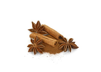 Cinnamon sticks and anise star isolated on white background close up. Spice Cinnamon sticks and anise star.