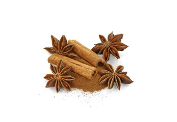 Cinnamon sticks and anise star isolated on white background close up. Spice Cinnamon sticks and anise star.