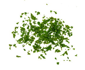 Fresh green chopped parsley leaves isolated on white background and texture, top view. Chopped parsley on a white background isolated. Chopped Parsley Leaves. Fresh Herbs 