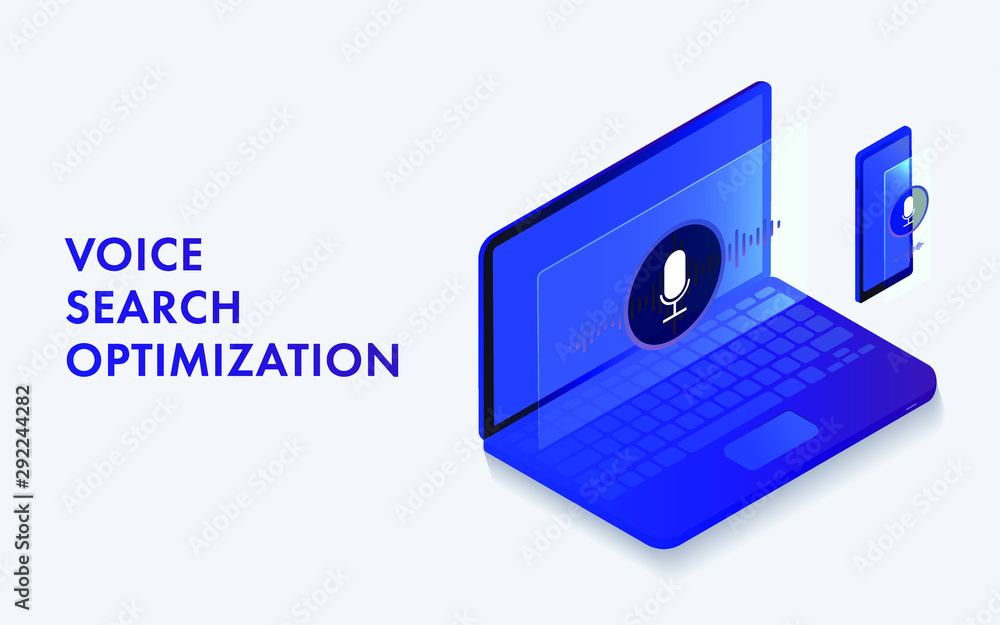 Poster voice search optimization isometric flat landing page web template. seo voice command, digital virtu