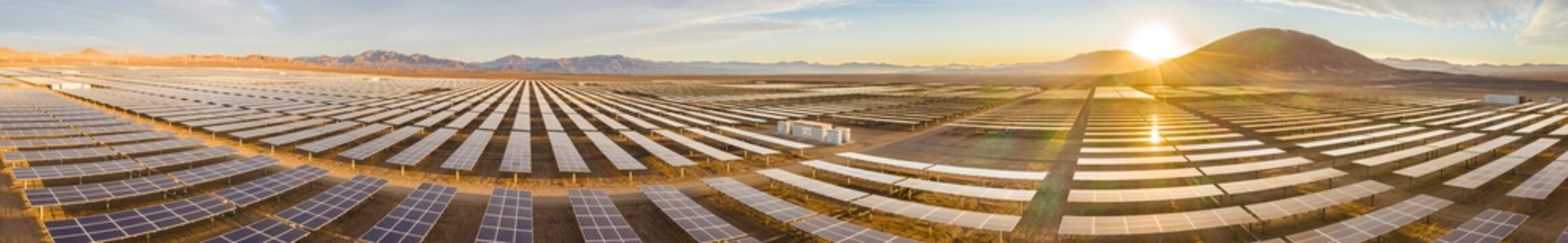 Solar Energy Photovoltaic Power Plant over Atacama desert sands, Chile. Sustainability and green energy from the sun with Solar Energy in the driest desert in the world: Atacama