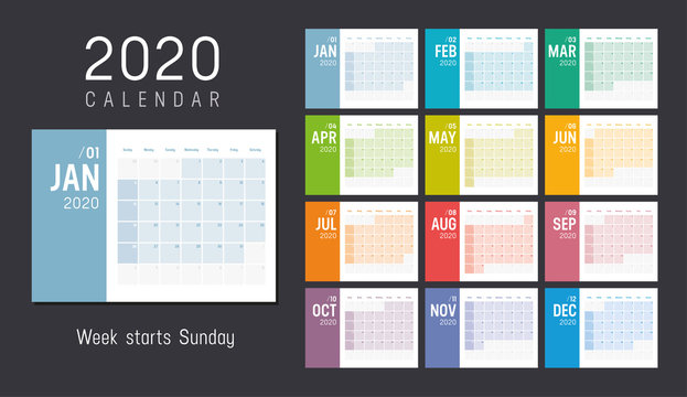 Colorful 2020 horizontal monthly calendar