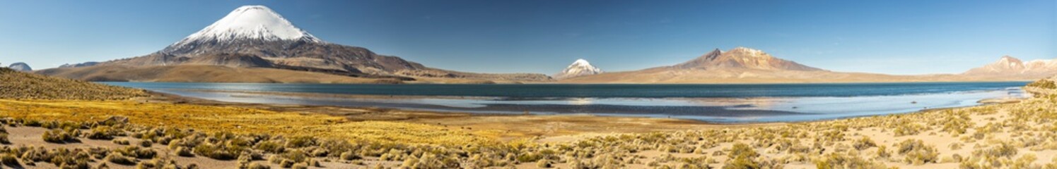 Parinacota Volcano above the horizon over Chungara lake waters an awesome and idyllic landscape...