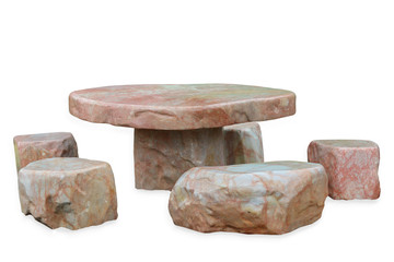 Marble stone bench set, Isolated on white background. Stone furniture.