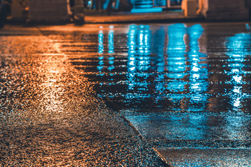 Wet asphalt, wet pedestrian crossing, in an urban environment.