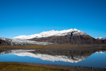 River Holmsa, Glacier Flaajokull and mountain and Flafjall mountain in south Iceland