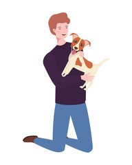 young man lifting cute dog mascot characters