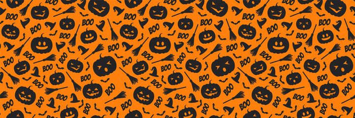 Halloween pumpkin witch seamless background pattern vector orange