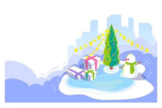 New year and Christmas outdoor scene. Winter cityscape background with snowman and christmas tree, giftbox on ice rink. Cold season holydays card. Isometric view, Vector lending illustration.