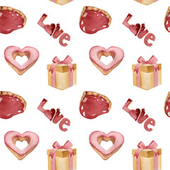 watercolor illustration.hand painting. seamless pattern of cookies in the form of hearts, gift boxes and inscriptions love.