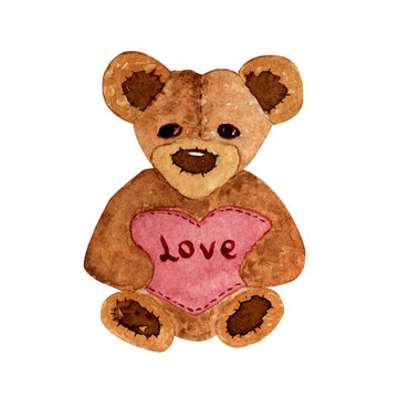 watercolor illustration.hand painting. one brown Teddy bear with a heart on a white background.