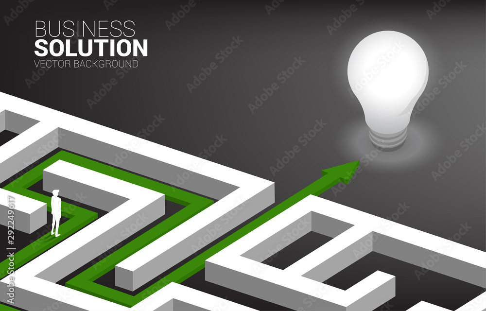 Poster Silhouette of Businessman on route path to exit the maze to light bulb. Concept for problem solving,solution strategy and idea.