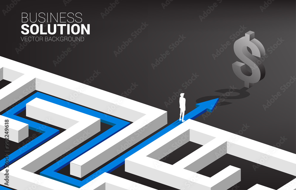 Poster silhouette of businessman on route path to exit the maze to dollar icon. concept for business missio