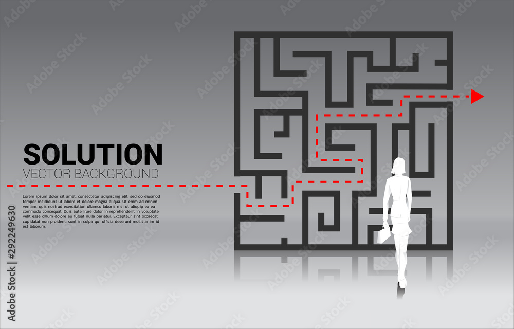 Poster silhouette of businesswoman standing with plan to exit from maze . business concept for problem solv